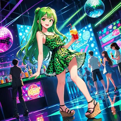 sonika,ranka,dance club,midori,dancefloor,clubbing,harmonix,nightclub,michiru,dancemania,gumi,sanae,dressup,party dress,partyka,dancefloors,discotheque,mion,emerald,green dress,Anime,Anime,Traditional