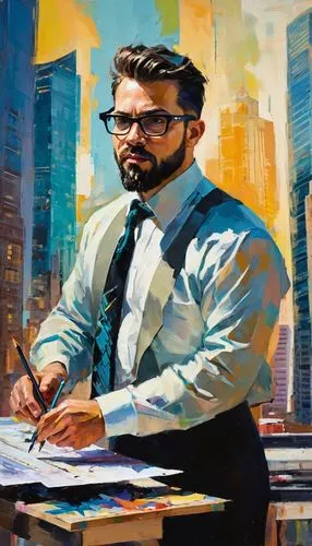 Master's degree holder, male, 30s, formal wear, black glasses, short hair, beard, standing, confident pose, architectural model, drafting table, pencils, ruler, blueprints, modern skyscraper, cityscap