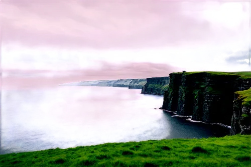 Ireland landscape, Emerald Isle, rolling green hills, rugged coastline, Cliffs of Moher, misty morning, soft sunlight, warm color tone, cinematic composition, shallow depth of field, panoramic view, d