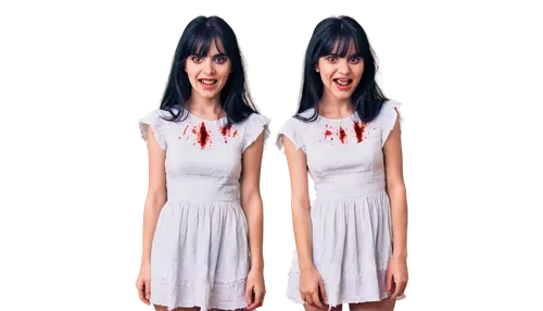 Scary thumbnail, horror theme, close-up, solo, pale skin, dark circles under eyes, messy black hair, white dress, torn and tattered, bloodstains, sharp teeth, glowing red eyes, sinister smile, dark ba