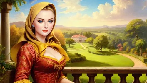 Romantic masterpiece oil painting, beautiful curvy busty woman portrait, silk dress, southern belle, nostalgic 1950's style kitsch, breathtaking beautiful epic vast southern plantation landscape, maje