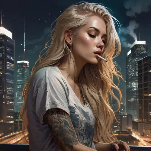 world digital painting,smoking girl,behenna,kinkade,blonde woman,city ​​portrait,Conceptual Art,Fantasy,Fantasy 17