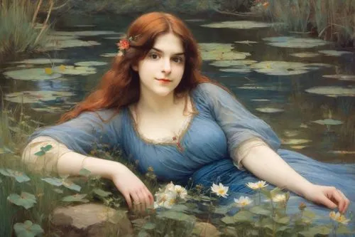 Beautiful overweight 18 year old girl, oil painting in the style of the Pre-Raphaelite artists John William Waterhouse, in the style of the painting "Ophelia", colors - scarlet and blue



,girl on th