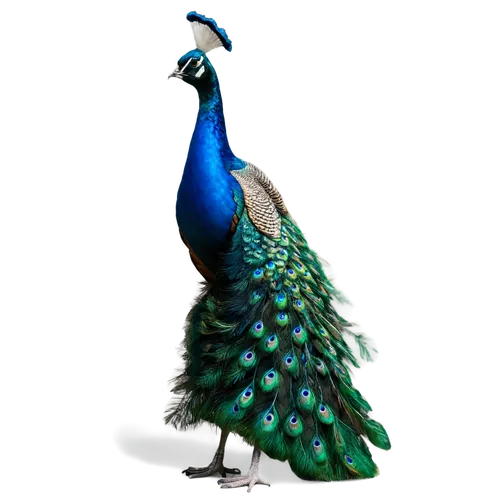 Colorful peacock, standing, spreading tail feathers, iridescent blues and greens, detailed eyes, shiny beak, soft fluffy feathers, morning sunlight, warm color tone, 3/4 composition, shallow depth of 