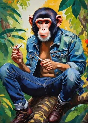 mischievous monkey, holding cigarette, relaxed posture, furrowed eyebrows, messy brown hair, freckles on face, sleeveless denim jacket, ripped jeans, black boots, sitting on a tree branch, surrounded 