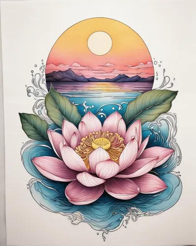 Craft an elegant and intricate tattoo flash depicting a delicate lotus flower blooming amidst serene water and a tranquil sunset.,lotus art drawing,mandala flower illustration,mandala flower drawing,s