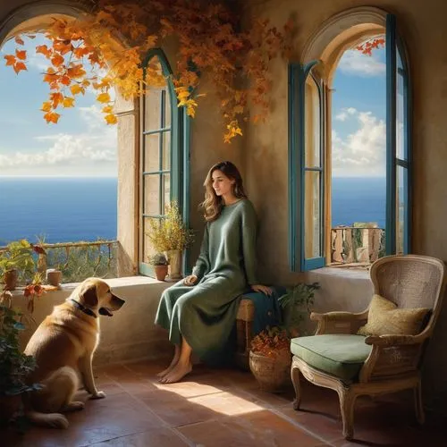 girl with dog,fantasy picture,yogananda,lachapelle,heatherley,vettriano,Illustration,Realistic Fantasy,Realistic Fantasy 16