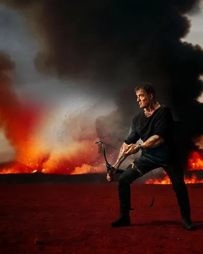 man in wide stance wearing black combat pants and combat boots, compound bow, burning land, fire everywhere on a wide plain, red clouded sky, Dante's inferno,fire master,fire artist,firestarter,flamet