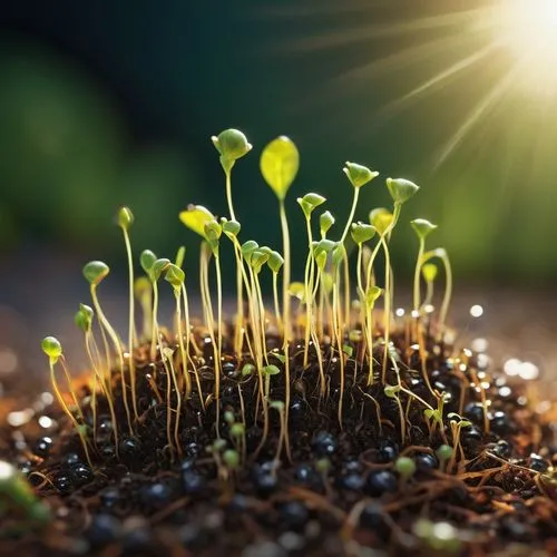 Seeds, botanical garden, various species, intricate details, tiny roots, sprouts, soil, water droplets, sunlight, warm atmosphere, close-up, macro photography, shallow depth of field, vibrant colors, 