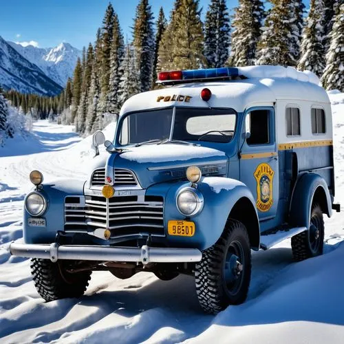 A 1950s frontier police vehicle for rough terrain and snow,an old timey looking ambulance parked in the snow,emergency ambulance,emergency vehicle,white fire truck,ambulance,ambulances,mountain rescue