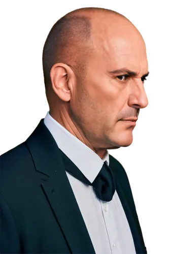 Half bald head, middle-aged man, receding hairline, thinning hair on top, messy side hair, facial stubble, prominent nose, wrinkles on forehead, serious expression, white shirt, black tie, formal wear