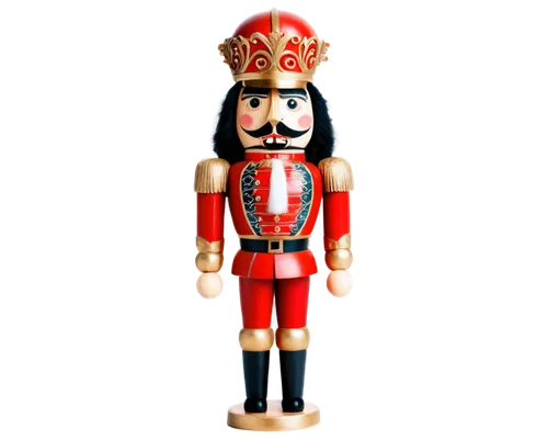 Nutcracker, Christmas decoration, wooden material, intricate carvings, red and gold colors, festive atmosphere, close-up shot, shallow depth of field, warm lighting, soft focus, ornate details, 3/4 co