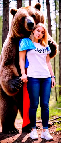 Masha, girl, real-life photography, forest setting, standing, holding hands with a big brown bear, casual clothes, jeans, white T-shirt, sneakers, messy blonde hair, gentle smile, natural makeup, warm