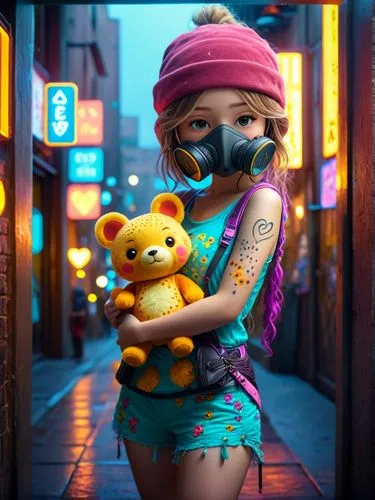 a girl is wearing a gas mask holding a teddy bear,harajuku,winnie,tattoo girl,neon body painting,kreayshawn,asia girl,Photography,General,Fantasy