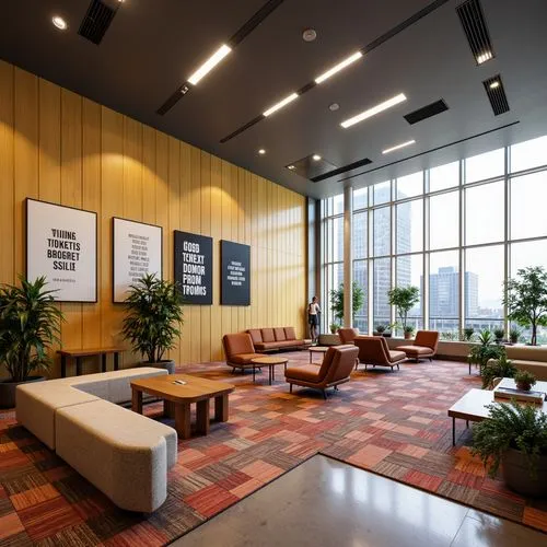 lobby,mid century modern,meeting room,modern office,midcentury,hotel lobby,offices,conference room,waiting room,foyer,modern decor,seating area,headquaters,clubroom,study room,bridgepoint,atriums,contemporary decor,lounges,therapy center