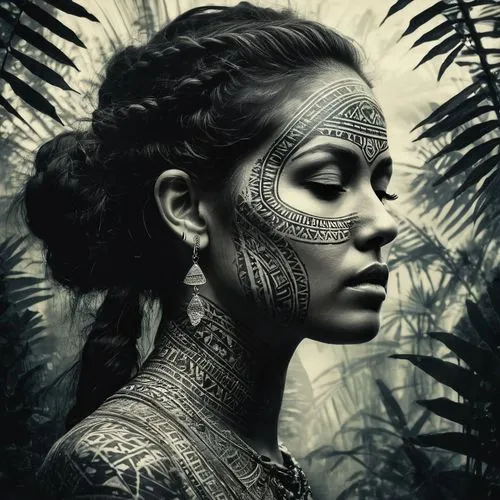 (double exposure ink painting:1.4), by Christoffer Relander, silhouette of mannerism Mayan woman portrait at the silhouette jungle temple, Mayan folklore, (double exposure textures:1.3), (multi layeri