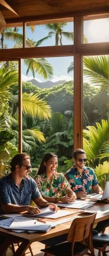 Hawaiian architectural design team, group of 5, casual wear, sunglasses, laptops, notebooks, pencils, tropical shirts, flip flops, standing, chatting, laughing, around a large wooden table, scattered 