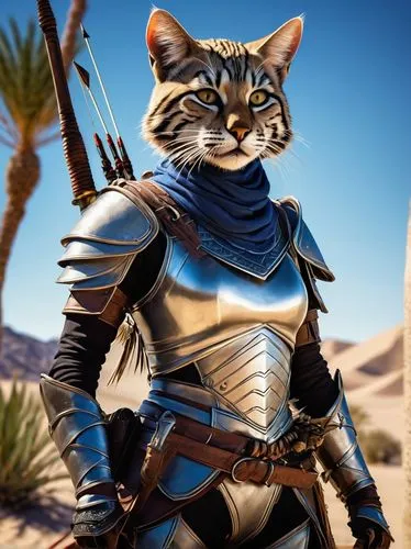 Female Tabaxi ranger, strong athletic build, short spiky hair, silver earrings, bold eyebrows, scar above left eyebrow, leather armor, quiver on back, longbow in hand, standing heroically, one leg ben