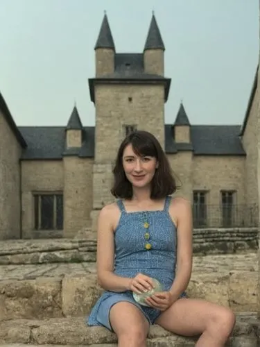 man and woman posing in front of an ancient building,a girl is sitting on the steps near the building,girl in a historic way,iulia hasdeu castle,caitriona,avranches,petite,fougeres,nolwenn,maisie,mign