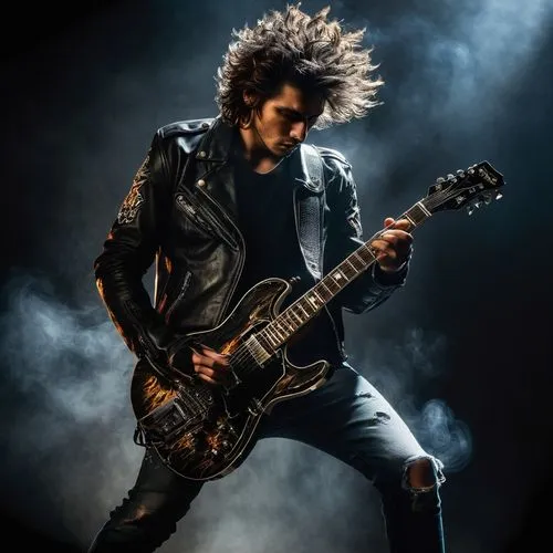 Electric guitar, shiny polished body, intricate inlays, thin neck, fretboard, pickups, knobs, strings, rockstar, standing, spotlight, smoke, dark background, dramatic lighting, intense facial expressi