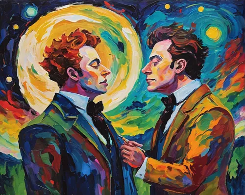 artists of stars,two people,oil on canvas,oil painting on canvas,into each other,astronomers,painting technique,art,popart,exchange of ideas,community connection,two-man saw,artists,wright brothers,church painting,art painting,conversation,musicians,the moon and the stars,popular art,Conceptual Art,Oil color,Oil Color 20