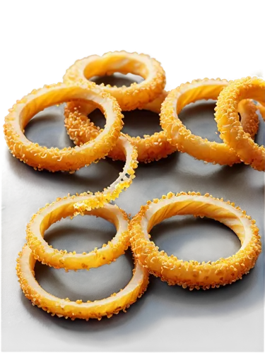 Golden onion rings, crispy texture, curved shape, separated individual pieces, translucent background, 3/4 composition, shallow depth of field, warm color tone, cinematic lighting, detailed realistic 