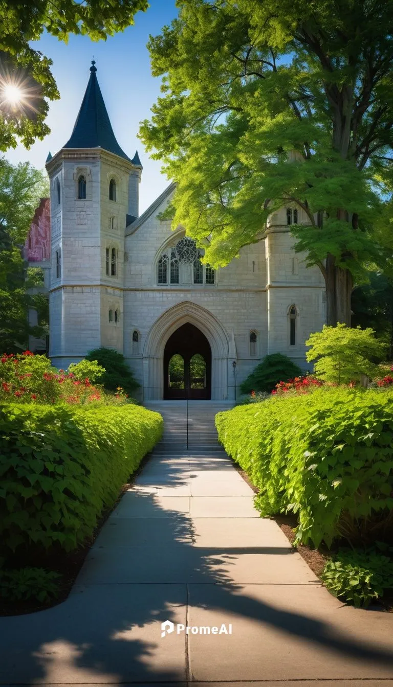 Indiana University Bloomington campus, beautiful detailed Gothic Revival style architecture, iconic Sample Gates, limestone buildings with ivy-covered walls, sprawling green lawns, blooming flowers, w