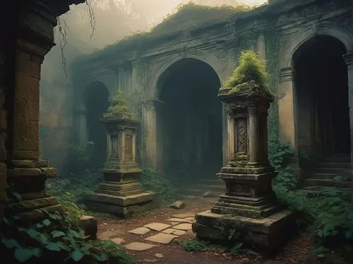 Fantasy non-existent characters, mysterious atmosphere, faint mist, eerie silence, abandoned ancient temple, crumbling stone walls, overgrown vines, dim torch lighting, worn-out stone pedestals, forgo