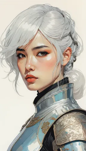 eglantine,fantasy portrait,blanche,silvery,pike,elven,poppy seed,cuirass,female warrior,cullen skink,violet head elf,coloring,silvery blue,painting work,male elf,artist color,winterblueher,silversmith,eastern grey,joan of arc,Illustration,Paper based,Paper Based 19