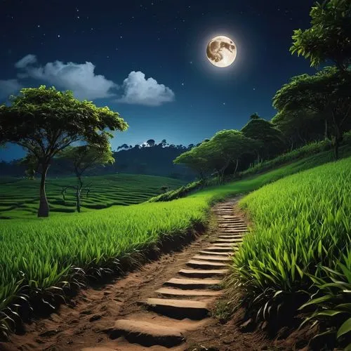 there is a path that is going through the grass to the moon, street moon landscape, moonlit kerala village, moonlit night dreamy atmosphere, night time moonlight, at night with dramatic moonlight, moo