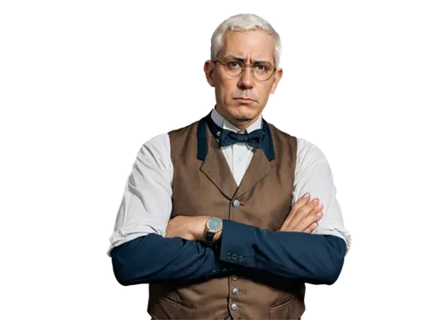 Historical racial portrait, oil painting style, mature man, serious facial expression, short white hair, thick eyebrows, glasses, formal wear, waistcoat, pocket watch, crossed arms, standing, 3/4 comp