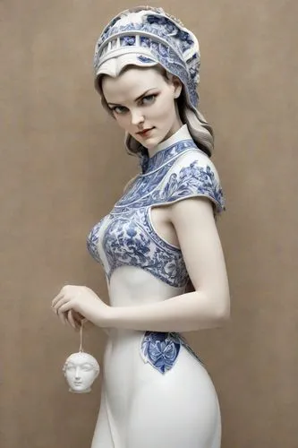 a woman made out of porcelain, in the style of balanced symmetry, white and blue, detailed facial features, organic forms, meticulous portraiture, complex patterns,pregnant statue,vintage ornament,fig