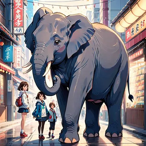 anime character,japanese style,girl,elephant,an elephant standing in front of the crowd,cartoon elephants,dumbo,blue elephant,elephant ride,chomet,girl elephant,Anime,Anime,Realistic