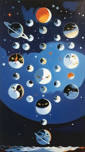 lots of cats floating, very fluffy cat, space view,artwork of solar system showing planets with cat,planetarium,cosmopolite,cd cover,micrometeorites,moon phases,astrogeology,Illustration,American Styl