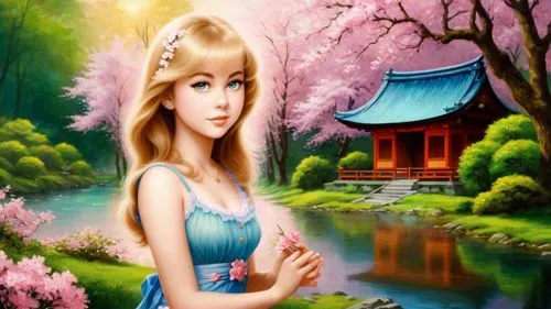 Romantic masterpiece oil painting, cute girl portrait, nostalgic 1950's style kitsch, beautiful exotic rural vast Japanese landscape, cherry blossom scenery, Shinto Japanese sakura, flower petals, by 