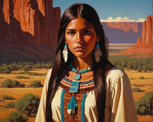 A young skinny woman with long straight dark hair, tanned skin and dark brown eyes. She is very naive, tender and sweet. She is dressed with a native american clothes. The background is a western amer