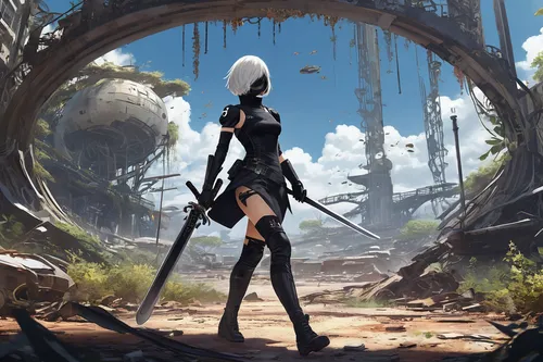 NieR: Automata, female android protagonist, 2B, short white hair, blindfold, black dress with white accents, combat boots, katana, action pose, futuristic, post-apocalyptic city ruins, overgrown veget