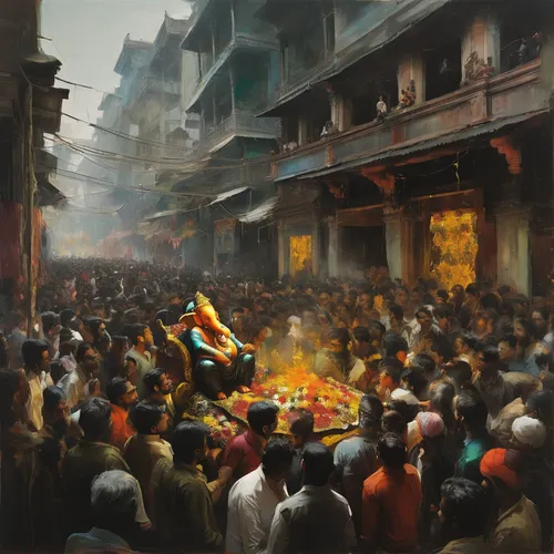 barongsai,diwali,the festival of colors,kathmandu,diwali festival,durbar square,burning of waste,spring festival,fire artist,spice market,nepal,indian art,large market,hanoi,the market,khokhloma painting,chinese art,joss stick,buddhists monks,oil painting on canvas,Conceptual Art,Oil color,Oil Color 01