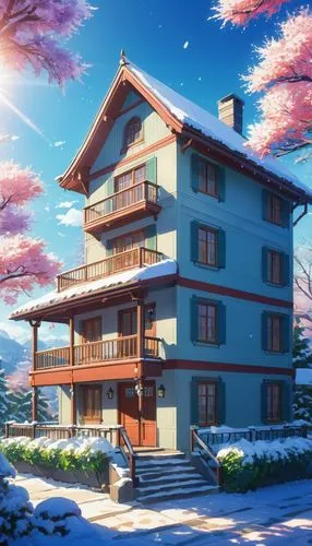 sakura background,sky apartment,snow roof,zoku,dreamhouse,kamuy,setsuna,japanese sakura background,winter house,holiday complex,kazoku,shinbo,ekonomou,kyokai,eisaku,apartment house,house in the mountains,nouaimi,kumiko,kotoko,Illustration,Japanese style,Japanese Style 03