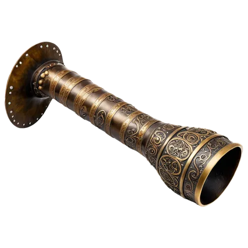 Brass war horn, shiny metal surface, intricate engravings, golden accents, curved shape, narrow bell, three valves, worn leather strap, battle-worn, ancient artifact, mysterious atmosphere, dramatic l