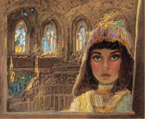 colored pencil of a dark haired persian princess in a  castle with stained windows,rem in arabian nights,ancient egyptian girl,joan of arc,vintage illustration,cleopatra,feist,rapunzel,the prophet mar