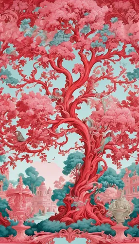 Imagine a world where red trees are the key to eternal happiness.,sakura tree,kimono fabric,sakura trees,the japanese tree,sakura branch,sakura blossom,red tree,tapestry,cherry blossom tree,japanese k