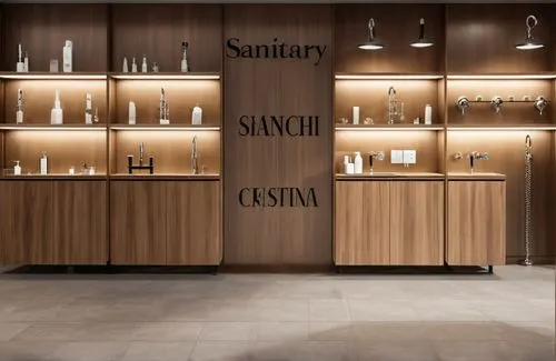 create a modern merchandise display units for a showroom showcasing sanitaryware like mixers, shower head wall mounted mixer, deck mounted mixer and other display, make it very modern ,the storefront 