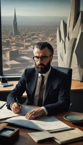 Modern office building, GIS system architecture design, manager's workspace, solo, (40yo), formal wear, glasses, short hair, beard, suit and tie, sitting, desk with multiple monitors, papers, and pens