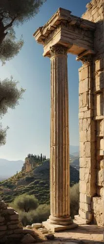 Ancient Greek temple, pilaster columns, ornate capitals, intricate carvings, weathered stone walls, crumbling facade, overgrown with vines, Mediterranean landscape, rolling hills, olive trees, distant