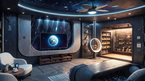 Render this with some shelves,spaceship interior,ufo interior,sky space concept,game room,electrohome,spaceship space,spacelab,interior design,interior modern design,smart home,spaceship,3d rendering,