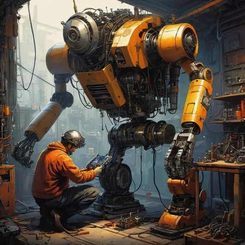 Illustration of a mechanic repairing a robot from the inside, with the help of a small assistant robot, highly detailed and realistic,industrial robot,mechanician,mechanize,mechanic,autoworker,mechana