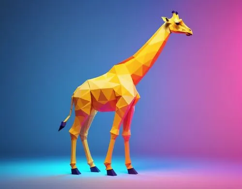 giraffe made with paper origami ,a giraffe in the middle of a purple and blue background,lowpoly,giraffe,giraffa,low poly,straw animal,cinema 4d,camelid,guanaco,gazelle,llama,3d model,camel,polygonal,