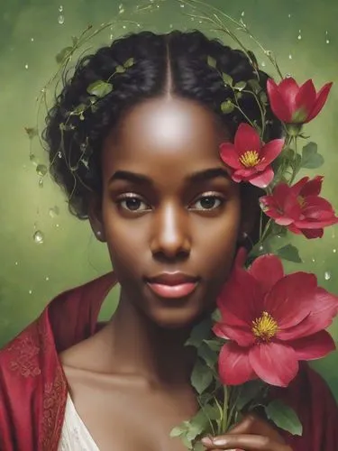 A minimalistic yet mesmerizing close-up illustration of a black woman tenderly holding a flower. The flower, with translucent petals in shades of crimson and green, is adorned with glistening dewdrops