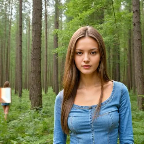 in the forest,girl with tree,girl in t-shirt,forest walk,forest background,the girl next to the tree,girl walking away,in wood,the girl's face,in green,holy forest,temperate coniferous forest,forest w